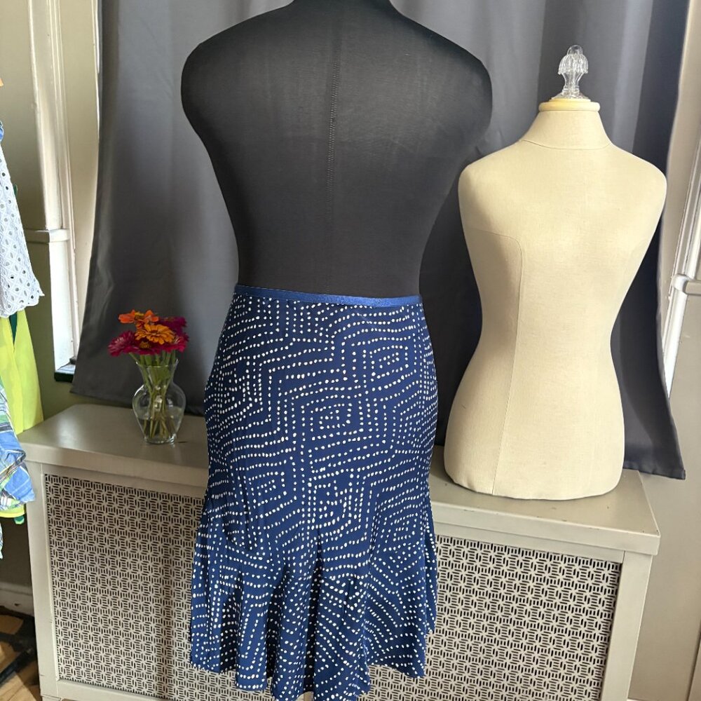 Diane Von Furstenberg DVF Polka Dotted Silk A Line Ruffled Skirt Size 6 Navy - Picture 3 of 10